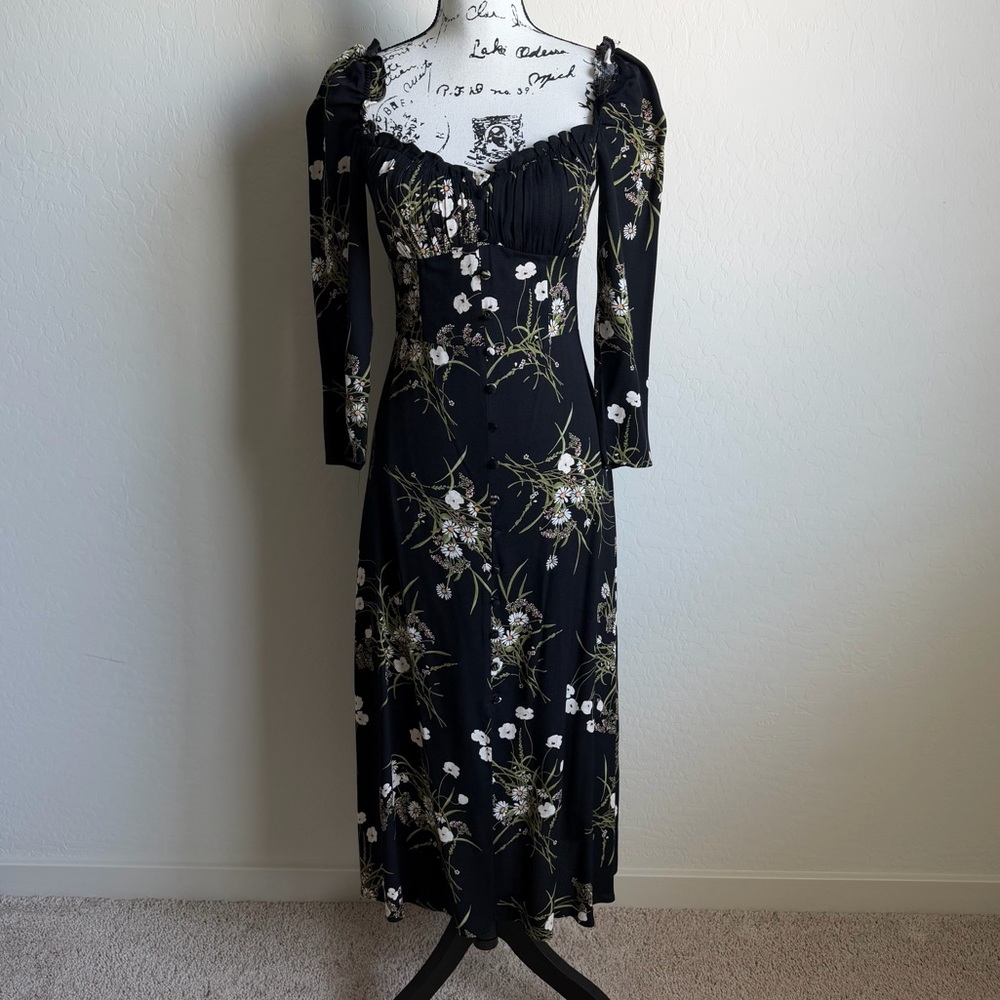 Reformation Black Floral Fairway Midi Dress Sz. 2
